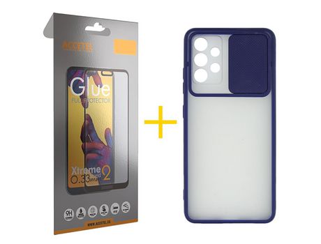 Pack 1 X Protector de Vidrio Templado Full + Funda ACCETEL para Samsung Galaxy A52 S 5G Gel Protección Cámara Azul Oscuro