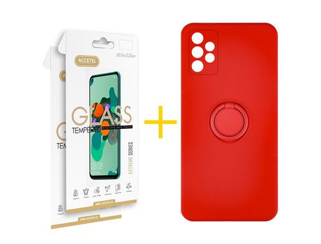Pack 2 X Protector de Vidrio Templado 2.5D + Funda ACCETEL para Samsung Galaxy A72 5G Gel O-Ring Rojo
