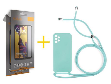 Pack 2 X Protector de Vidrio Templado Full + Funda ACCETEL para Samsung Galaxy A52 S 5G Gel con Cordón Agua Verde