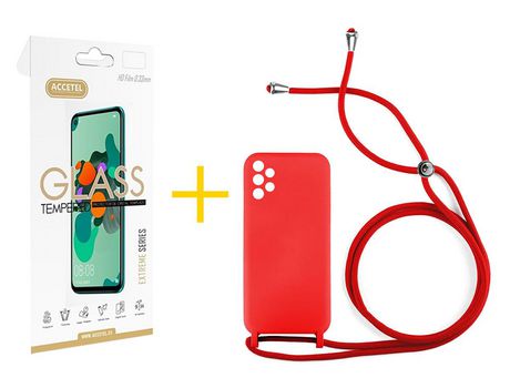 Pack 1 X Protector de Vidrio Templado 2.5D + Funda ACCETEL para Samsung Galaxy A72 5G Gel con Cordón Rojo