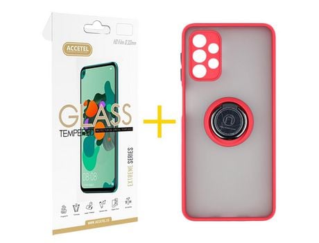Pack 1 X Protector de Vidrio Templado 2.5D + Funda ACCETEL para Samsung Galaxy A52 5G Gel Bumper con Anillo Rojo