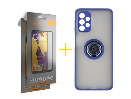 Pack 2 X Protector de Vidrio Templado Full + Funda ACCETEL para Samsung Galaxy A52 5G Gel Bumper con Anillo Azul