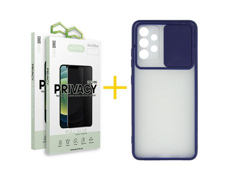 Pack 2 X Protector de Vidrio Templado Anti espía + Funda ACCETEL para Samsung Galaxy A32 4G Gel Protección Cámara Azul Oscuro