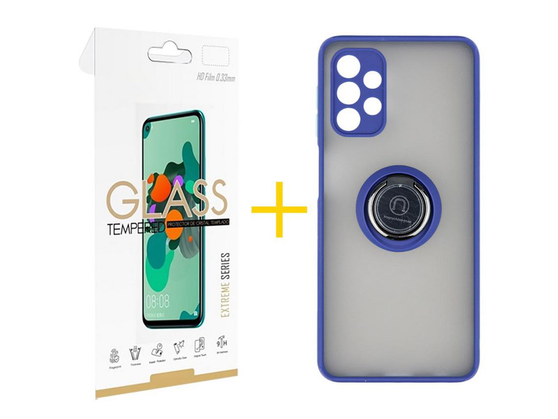 Pack 1 Película 2.5D + Funda SKYHE por Samsung Galaxy A52 4G Gel Bumper con Anillo Azul