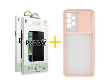 Pack 2 X Protector de Vidrio Templado Anti espía + Funda ACCETEL para Samsung Galaxy A32 4G Gel Protección Cámara Rosa
