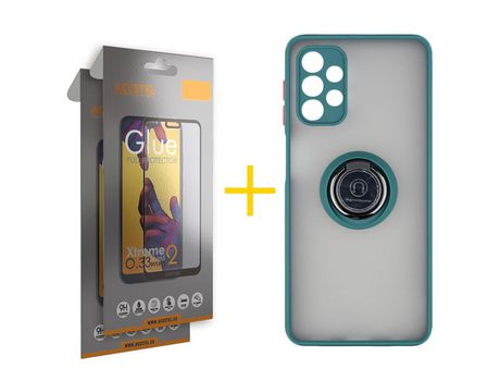 Pack 2 X Protector de Vidrio Templado Full + Funda ACCETEL para Samsung Galaxy A52 S 5G Gel Bumper con Anillo Verde