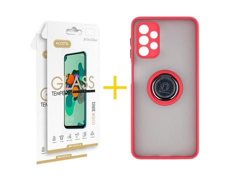 Pack 2 X Protector de Vidrio Templado 2.5D + Funda ACCETEL para Samsung Galaxy A52 5G Gel Bumper con Anillo Rojo