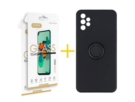 Pack 2 X Protector de Vidrio Templado 2.5D + Funda ACCETEL para Samsung Galaxy A72 5G Gel O-Ring Negro