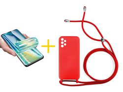 Pack 1 X Protector de Vidrio Templado Hidrogel + Funda ACCETEL para Samsung Galaxy A52 4G Gel con Cordón Rojo
