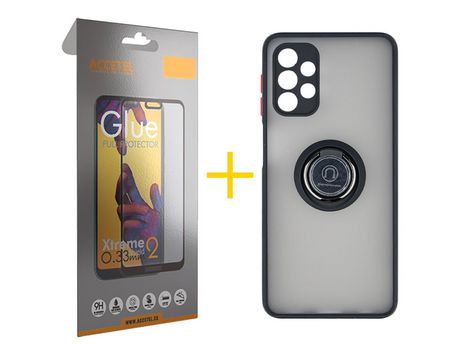Pack 1 X Protector de Vidrio Templado Full + Funda ACCETEL para Samsung Galaxy A52 5G Gel Bumper con Anillo Negro