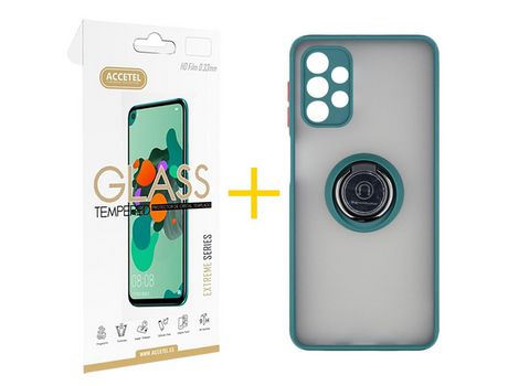 Pack 1 X Protector de Vidrio Templado 2.5D + Funda ACCETEL para Samsung Galaxy A52 5G Gel Bumper con Anillo Verde