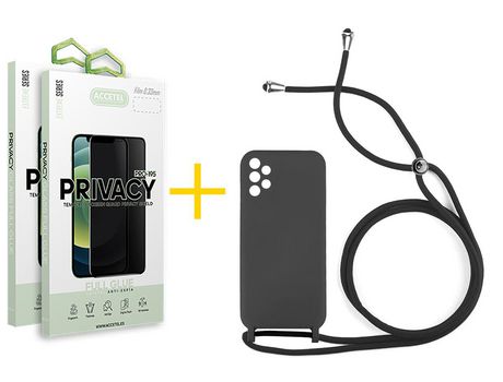 Pack 2 X Protector de Vidrio Templado Anti espía + Funda ACCETEL para Samsung Galaxy A52 5G Gel con Cordón Negro