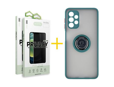 Pack 2 X Protector de Vidrio Templado Anti espía + Funda ACCETEL para Samsung Galaxy A52 S 5G Gel Bumper con Anillo Verde