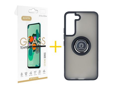 Pack 1 X Protector de Vidrio Templado 2.5D + Funda ACCETEL para Samsung Galaxy S21 FE 5G Gel Bumper con Anillo Negro