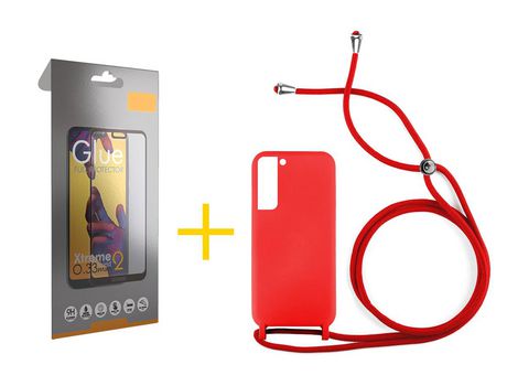 Pack 1 Película Full + Funda SKYHE para Samsung Galaxy S21 FE 5G Gel con Cordón Rojo