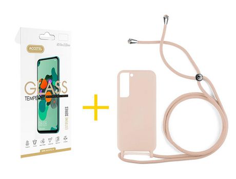 Pack 1 X Protector de Vidrio Templado 2.5D + Funda ACCETEL para Samsung Galaxy S21 FE 5G Gel con Cordón Rosa Pastel