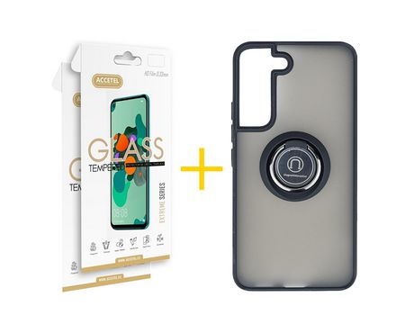 Pack 2 X Protector de Vidrio Templado 2.5D + Funda ACCETEL para Samsung Galaxy S21 FE 5G Gel Bumper con Anillo Negro