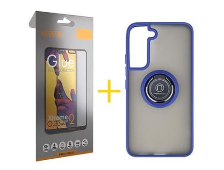 Pack 1 X Protector de Vidrio Templado Full + Funda ACCETEL para Samsung Galaxy S21 FE 5G Gel Bumper con Anillo Azul