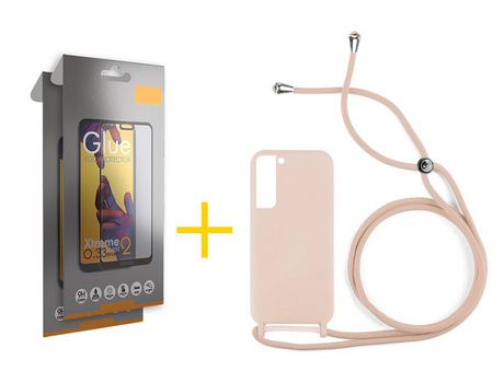 Pack 2 Películas Full + Funda SKYHE para Samsung Galaxy S21 FE 5G Gel con Cordón Rosa Pastel
