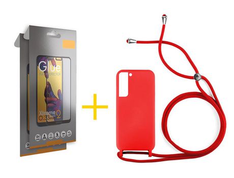 Pack 2 Películas Full + Funda SKYHE para Samsung Galaxy S21 FE 5G Gel con Cordón Rojo