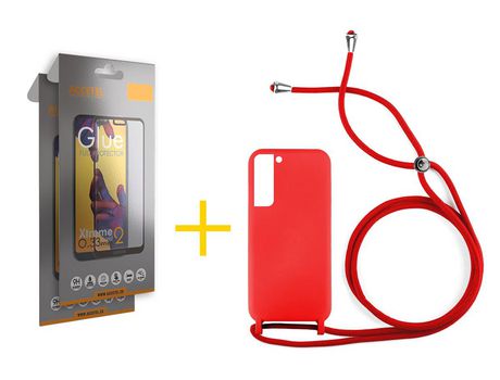 Pack 2 X Protector de Vidrio Templado Full + Funda ACCETEL para Samsung Galaxy S21 FE 5G Gel con Cordón Rojo