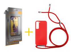 Pack 2 X Protector de Vidrio Templado Full + Funda ACCETEL para Samsung Galaxy S21 FE 5G Gel con Cordón Rojo