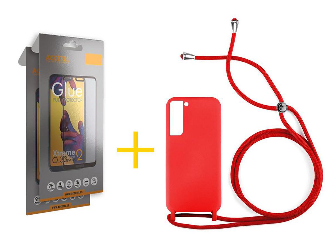 Pack 2 X Protector de Vidrio Templado Full + Funda ACCETEL para Samsung Galaxy S21 FE 5G Gel con Cordón Rojo