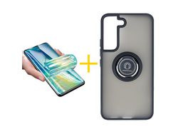 Pack 1 X Protector de Vidrio Templado Hidrogel + Funda ACCETEL para Samsung Galaxy S21 FE 5G Gel Bumper con Anillo Negro