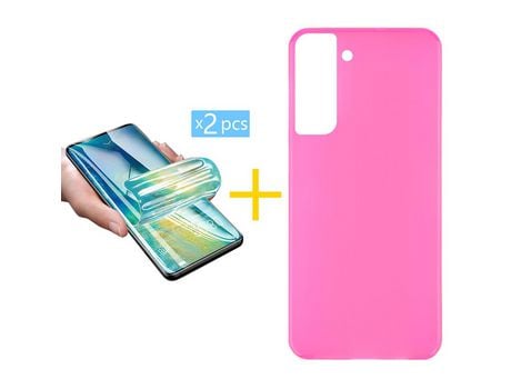 Pack 2 X Protector de Vidrio Templado Hidrogel + Funda ACCETEL para Samsung Galaxy S21 FE 5G Silicona Liso Rosa