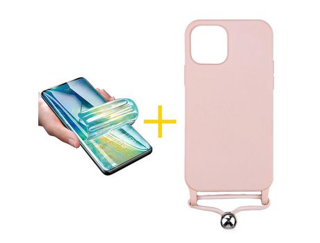 Pack 1 Película + Funda SKYHE para Apple iPhone 13 Mini Gel con Cordón Rosa Pastel