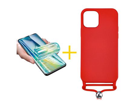 Pack 1 Película + Funda SKYHE para Apple iPhone 13 Mini Gel con Cordón Rojo
