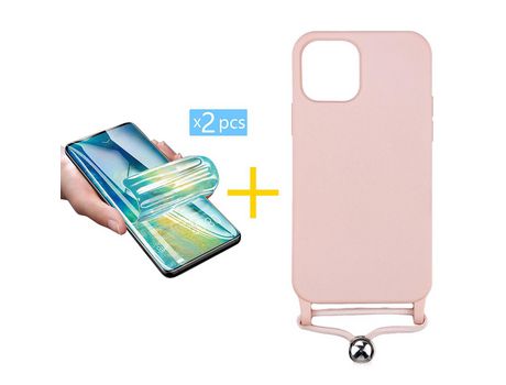 Pack 2 Películas + Funda SKYHE para Apple iPhone 13 Gel con Cordón Rosa Pastel