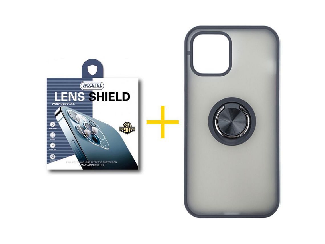 Pack 1 X Protector de Cámara Trasera + Funda ACCETEL para iPhone 13 Gel Bumper con Anillo Negro