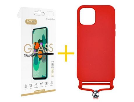 Pack 1 X Protector de Vidrio Templado 2.5D + Funda ACCETEL para iPhone 13 Pro Gel con Cordón Rojo