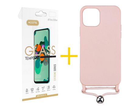 Pack 1 X Protector de Vidrio Templado 2.5D + Funda ACCETEL para iPhone 13 Pro Gel con Cordón Rosa Pastel