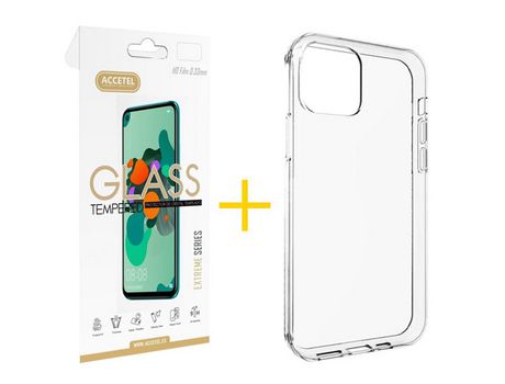 Pack 1 X Protector de Vidrio Templado 2.5D + Funda ACCETEL para iPhone 13 Pro Silicona Liso Transparente Clear