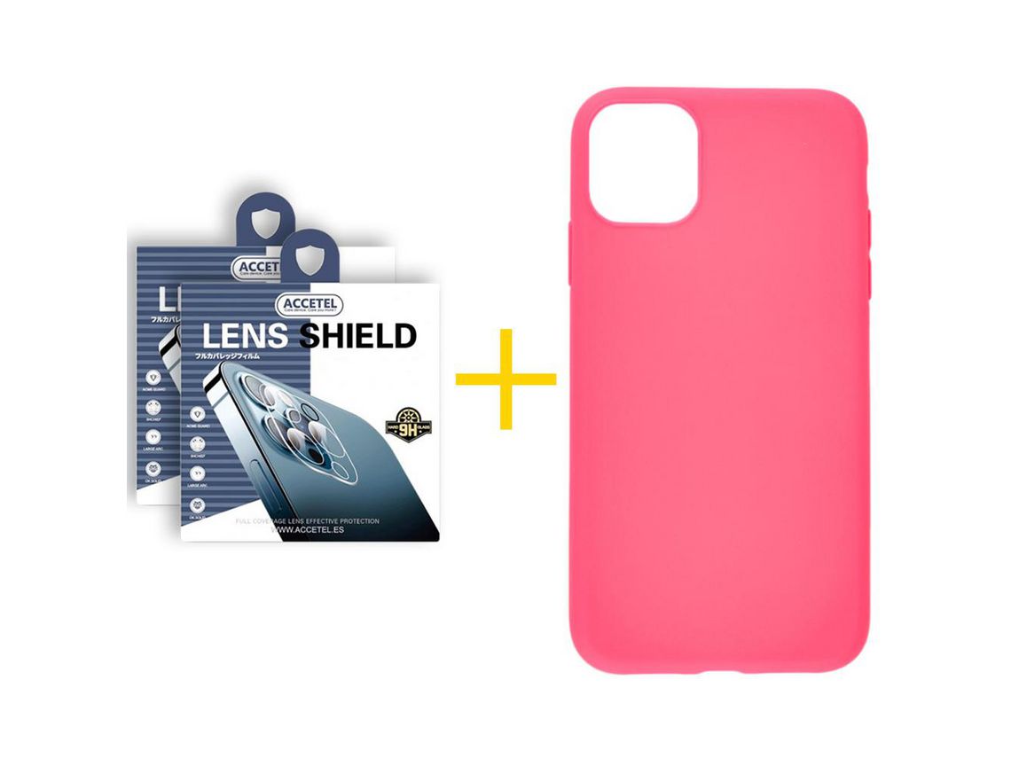 Pack 2 X Protector de Cámara Trasera + Funda ACCETEL para iPhone 13 Silicona Liso Rosa