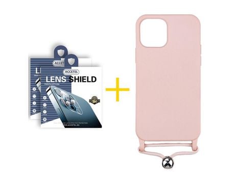 Pack 2 X Protector de Cámara Trasera + Funda ACCETEL para iPhone 13 Pro Gel con Cordón Rosa Pastel