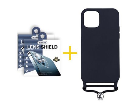 Pack 2 X Protector de Cámara Trasera + Funda ACCETEL para iPhone 13 Pro Max Gel con Cordón Negro