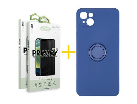 Pack 2 X Protector de Vidrio Templado Anti espía + Funda ACCETEL para iPhone 13 Gel O-Ring Azul