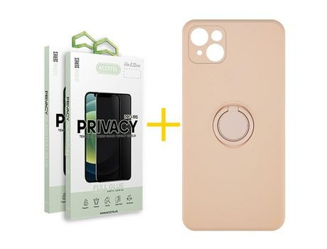 Pack 2 X Protector de Vidrio Templado Anti espía + Funda ACCETEL para iPhone 13 Mini Gel O-Ring Rosa Pastel