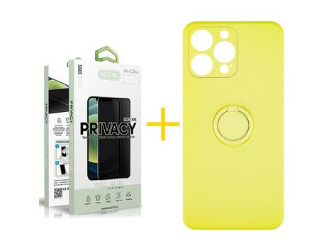 Pack 1 x Protector de Vidrio Templado Anti espía + Funda ACCETEL para iPhone 12 Pro Gel O-Ring Amarillo