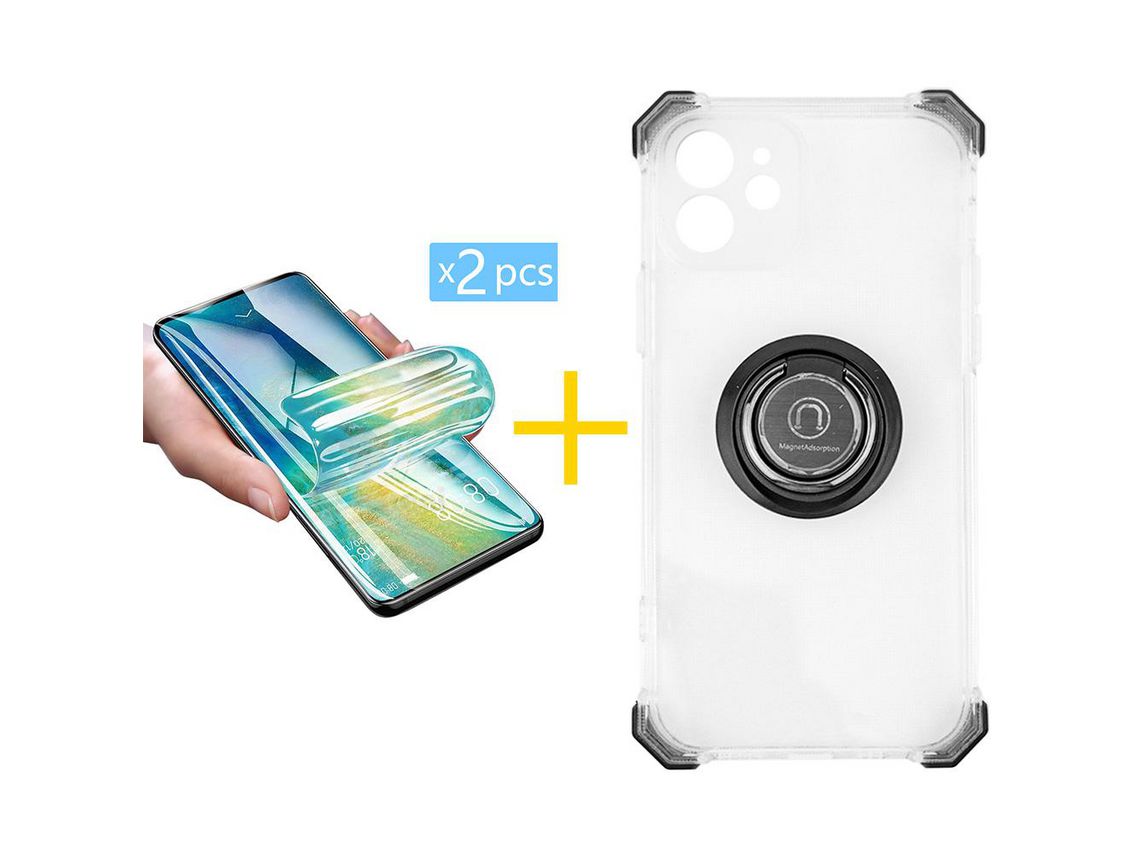 Pack 2 x Protector de Hidrogel + Funda ACCETEL para iPhone 12 Gel Bumper con Anillo Transparente Clear
