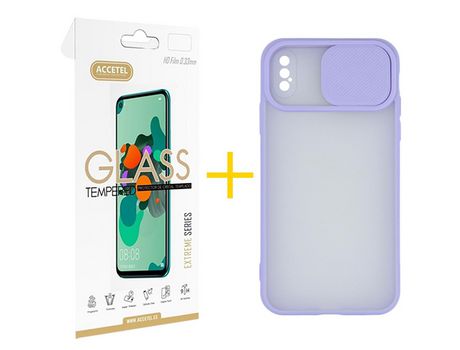 Pack 1 X Protector de Vidrio Templado 2.5D + Funda ACCETEL para iPhone XS Max Gel Protección Cámara Violeta