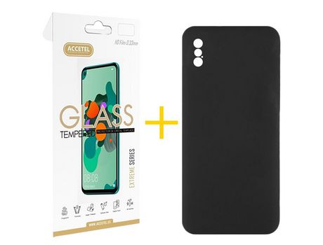 Pack 1 X Protector de Vidrio Templado 2.5D + Funda ACCETEL para iPhone XS Max Silicona Líquida Negro