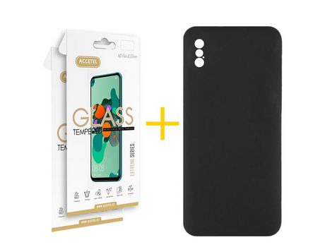 Pack 2 X Protector de Vidrio Templado 2.5D + Funda ACCETEL para iPhone X / XS Silicona Líquida Negro