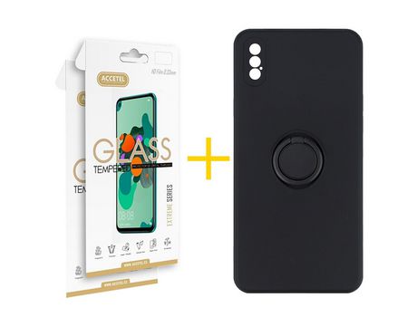 Pack 2 X Protector de Vidrio Templado 2.5D + Funda ACCETEL para iPhone X / XS Gel O-Ring Negro