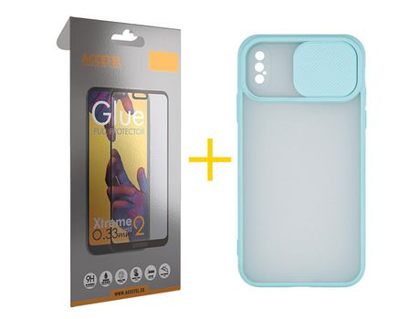 Pack 1 X Protector de Vidrio Templado Full + Funda ACCETEL para iPhone XS Max Gel Protección Cámara Verde-Mar