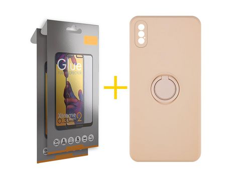 Pack 2 Películas Full + Funda SKYHE por Apple iPhone XS Max Gel O-Ring Rosa Pastel