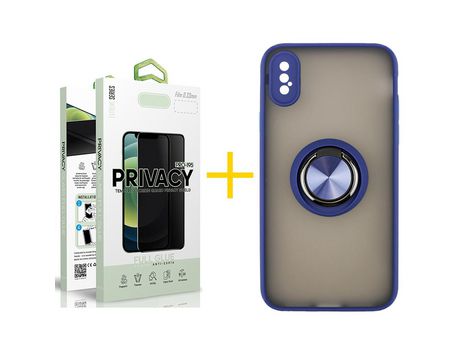 Pack 1 Película Antiespía + Funda SKYHE por Apple iPhone XS Max Gel Bumper con Anillo Azul